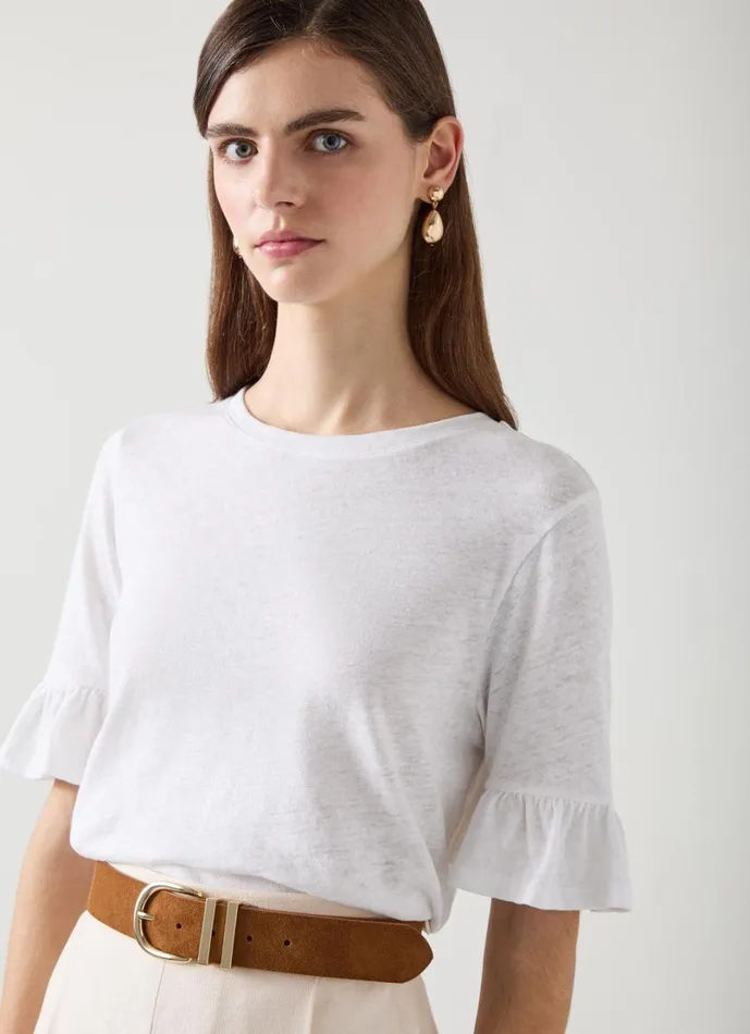 LKBennett Tops Women Gene Linen Frill TShirt In White LKBennett Tops Women Gene Linen Frill TShirt In White