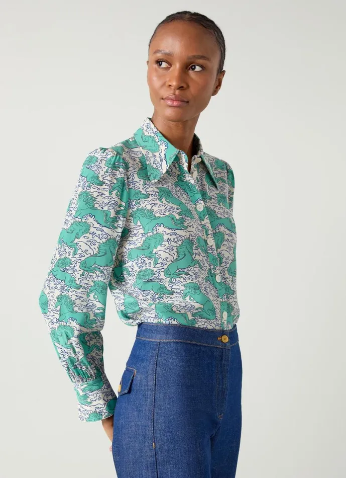 LKBennett Tops Women Sonya Cream Multi Horses Print Silk Blouse LKBennett Tops Women Sonya Cream Multi Horses Print Silk Blouse