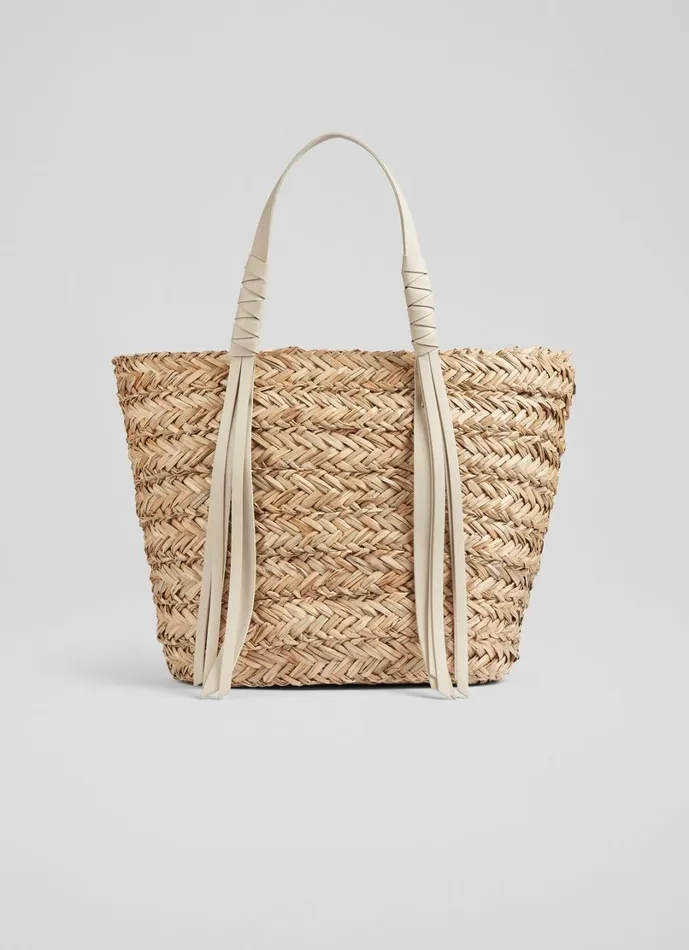 LKBennett Tote Bags Women Violetta Cream Leather Tassel Straw Bag