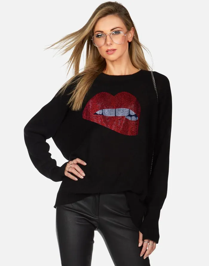 Ladona X Crystal Biting Lip Black Women039s Lauren Moshi Sweaters and Knits