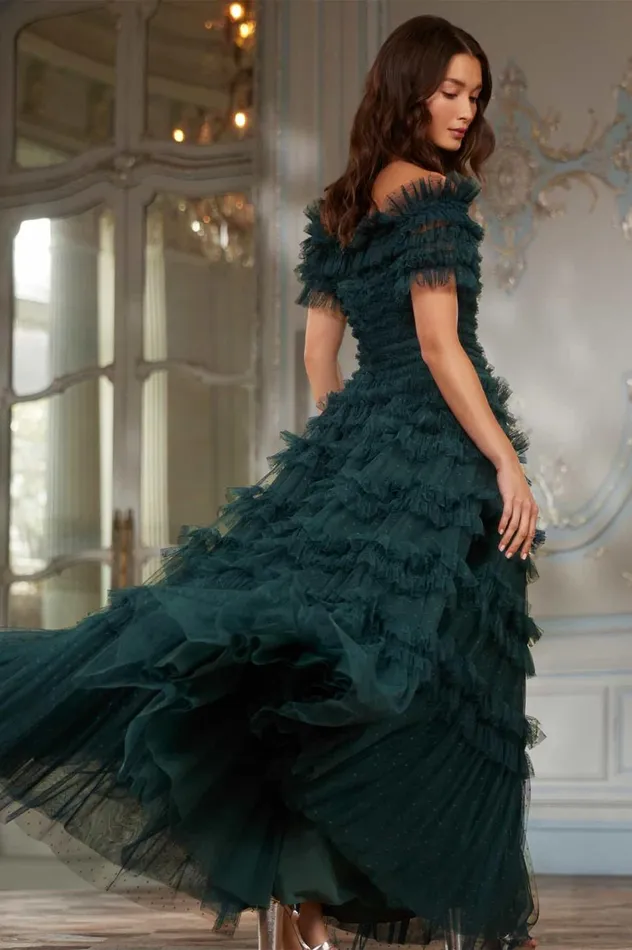 Lisette Ruffle Off Shoulder Gown Green Women Needle and Thread Dresses