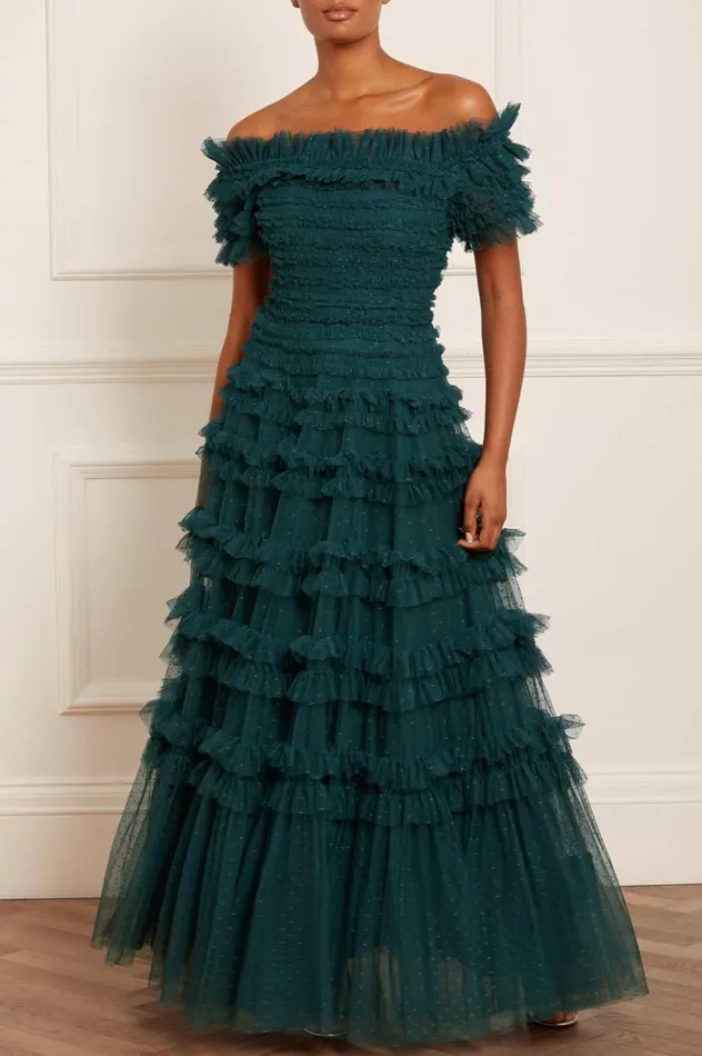 Lisette Ruffle Off Shoulder Gown Green Women Needle and Thread Dresses