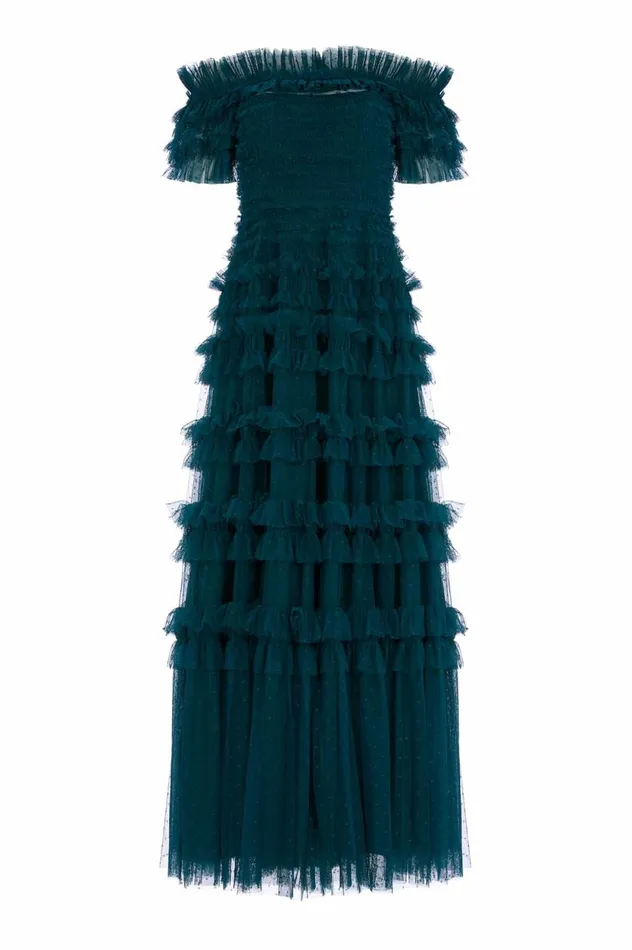 Lisette Ruffle Off Shoulder Gown Green Women Needle and Thread Dresses