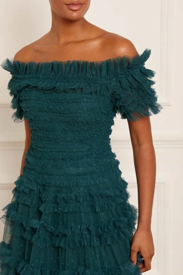 Lisette Ruffle Off Shoulder Gown Green Women Needle and Thread Dresses