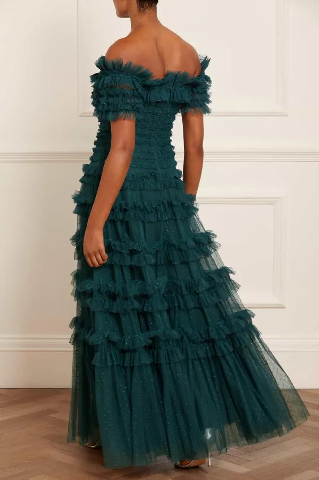 Lisette Ruffle Off Shoulder Gown Green Women Needle and Thread Dresses