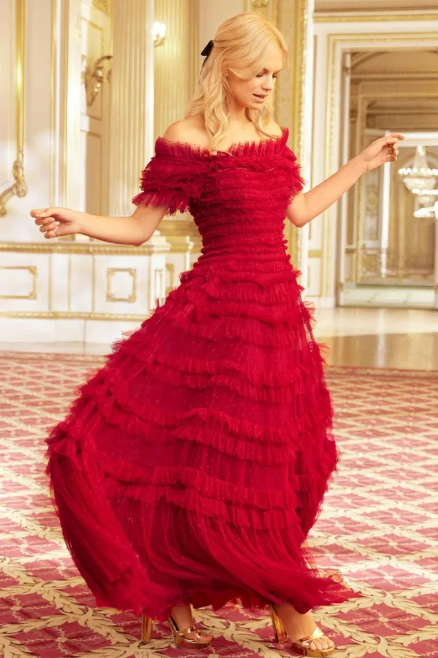 Lisette Ruffle Off Shoulder Gown Red Women Needle and Thread Dresses