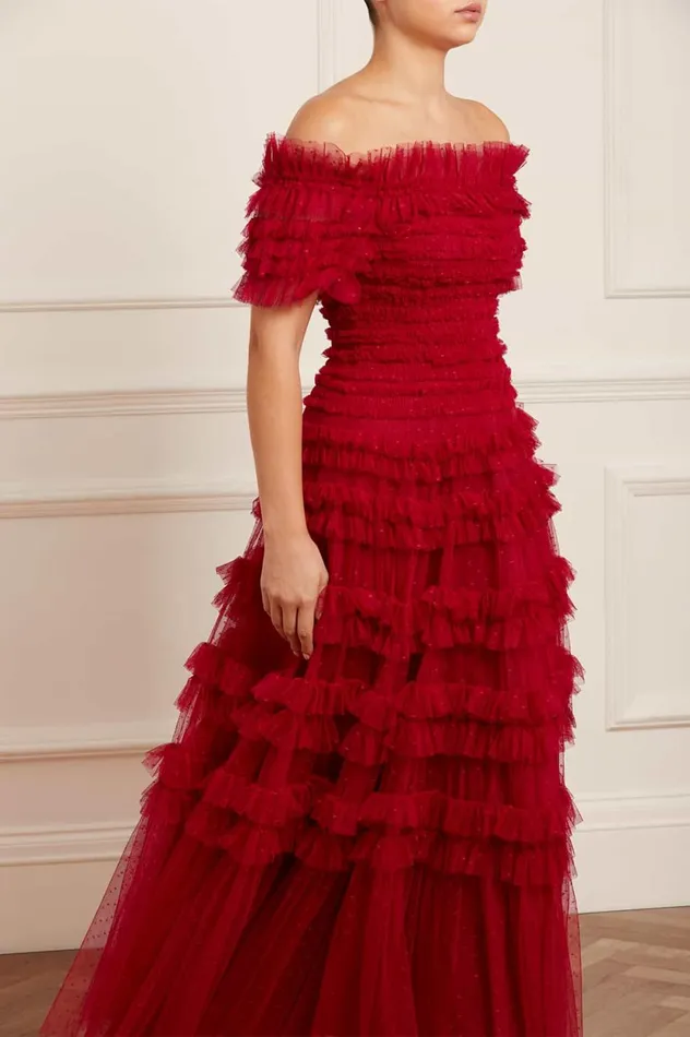 Lisette Ruffle Off Shoulder Gown Red Women Needle and Thread Dresses