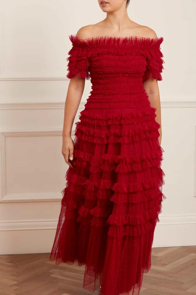 Lisette Ruffle Off Shoulder Gown Red Women Needle and Thread Dresses