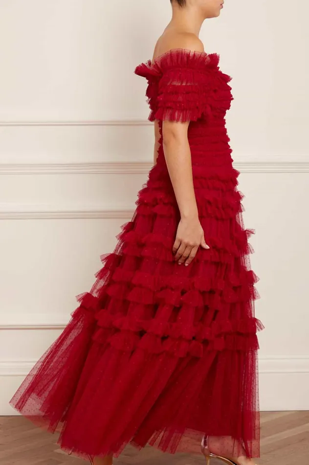 Lisette Ruffle Off Shoulder Gown Red Women Needle and Thread Dresses