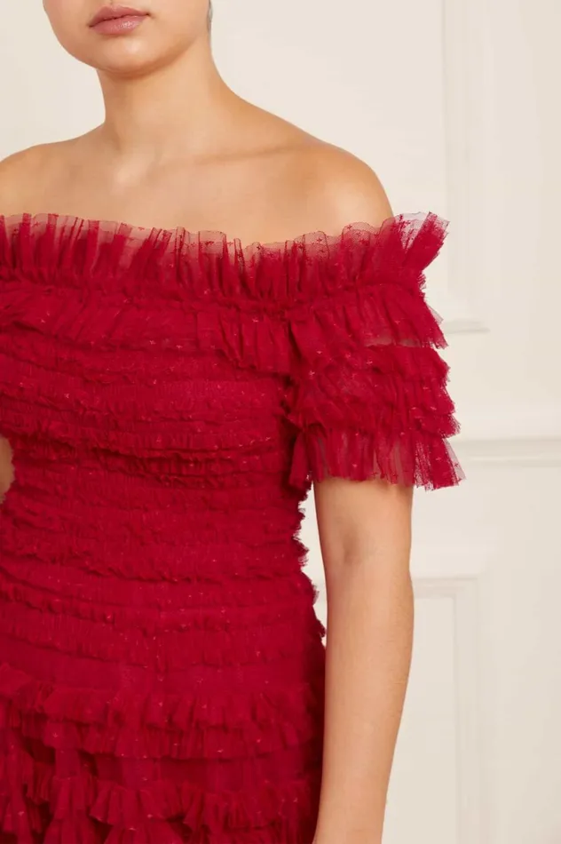 Lisette Ruffle Off Shoulder Gown Red Women Needle and Thread Dresses