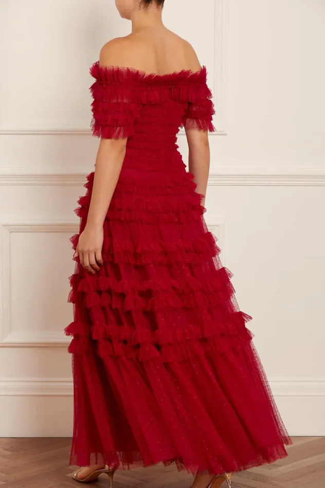 Lisette Ruffle Off Shoulder Gown Red Women Needle and Thread Dresses