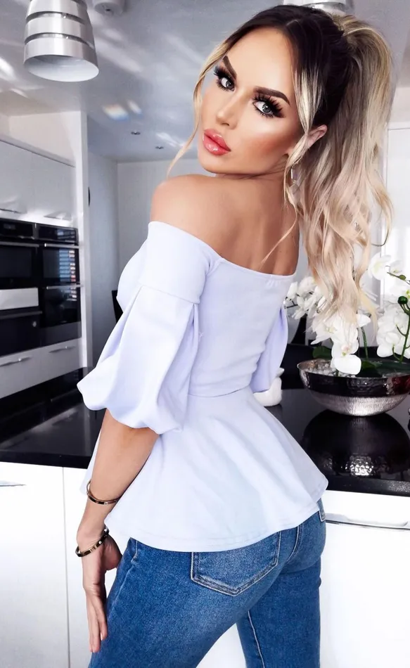 Lola Baby Blue Puffed Sleeve Peplum Top Women Missfiga Tops