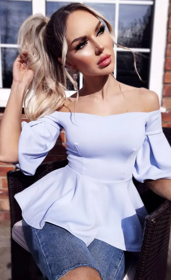 Lola Baby Blue Puffed Sleeve Peplum Top Women Missfiga Tops