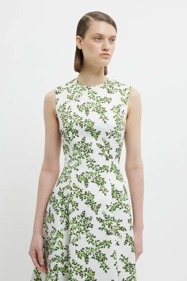 Mara Dress Blue Rose on White Taffeta Faille Women Dresses Emilia Wickstead Mara Dress Blue Rose on White Taffeta Faille Women Dresses Emilia Wickstead