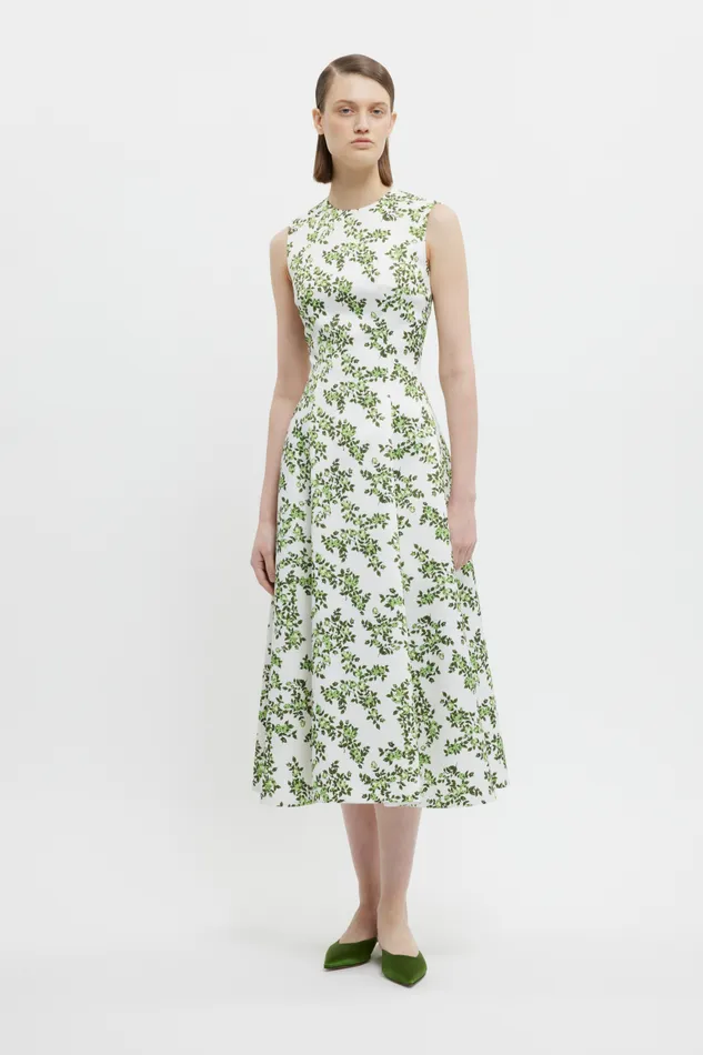 Mara Dress Blue Rose on White Taffeta Faille Women Dresses Emilia Wickstead Mara Dress Blue Rose on White Taffeta Faille Women Dresses Emilia Wickstead