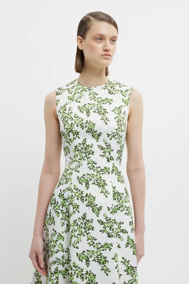 Mara Dress Blue Rose on White Taffeta Faille Women Dresses Emilia Wickstead Mara Dress Blue Rose on White Taffeta Faille Women Dresses Emilia Wickstead