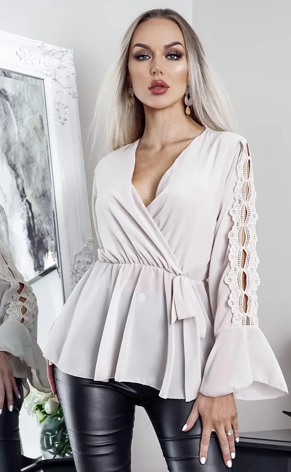 Marilyn Beige Wrap Peplum Top Women Missfiga Tops