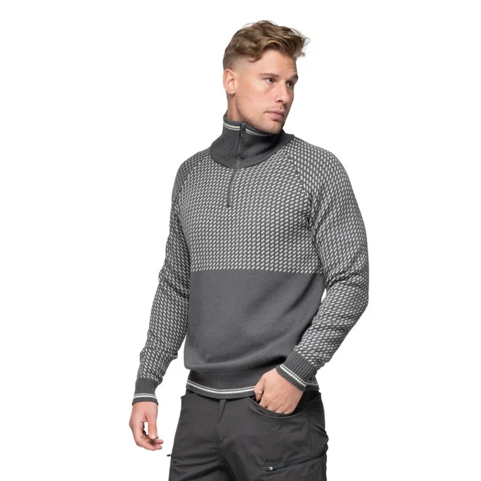 Men Bergans Of Norway Jumpers And Long Sleeves Alvdal Wool Half Zip Solid Dark Grey Vanilla White