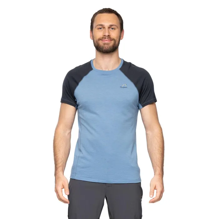 Men Bergans Of Norway TShirts Y Lightline Merino Tee Elemental Blue Dark Shadow Grey