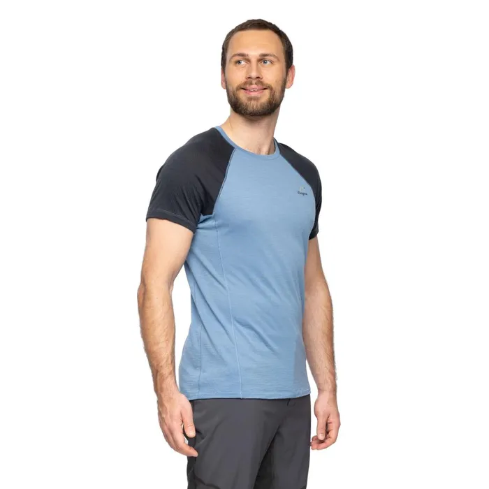 Men Bergans Of Norway TShirts Y Lightline Merino Tee Elemental Blue Dark Shadow Grey