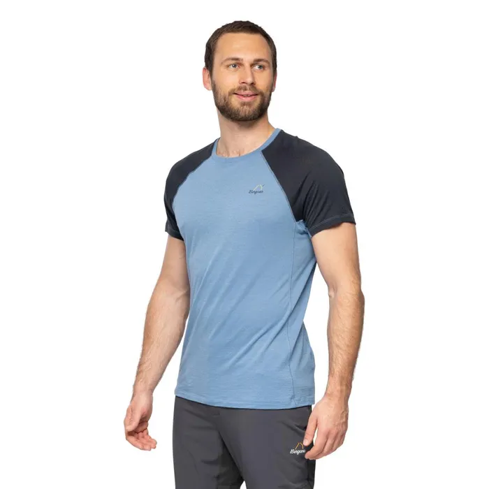 Men Bergans Of Norway TShirts Y Lightline Merino Tee Elemental Blue Dark Shadow Grey