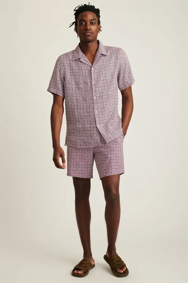 Men Bonobos Short Sleeve Shirts Linen Riviera Cabana Shirt For Men Navy Pink Prism Geo