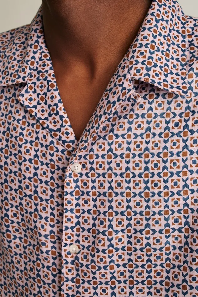 Men Bonobos Short Sleeve Shirts Linen Riviera Cabana Shirt For Men Navy Pink Prism Geo