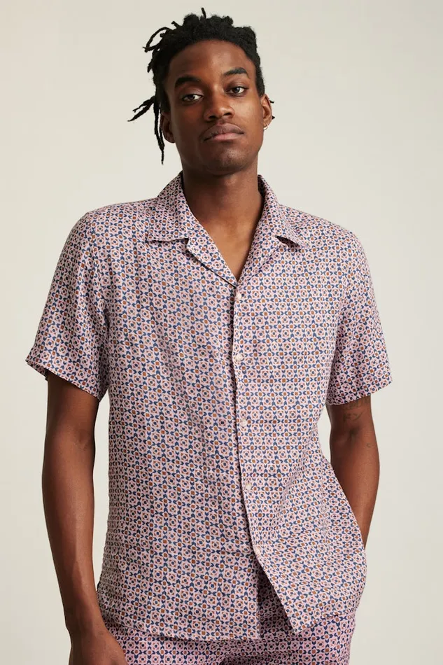 Men Bonobos Short Sleeve Shirts Linen Riviera Cabana Shirt For Men Navy Pink Prism Geo