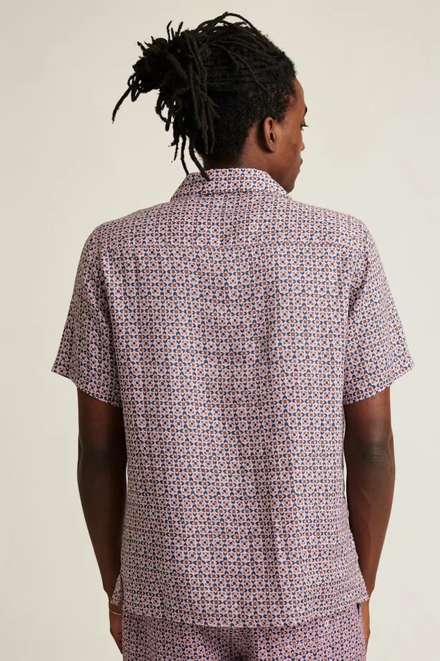 Men Bonobos Short Sleeve Shirts Linen Riviera Cabana Shirt For Men Navy Pink Prism Geo