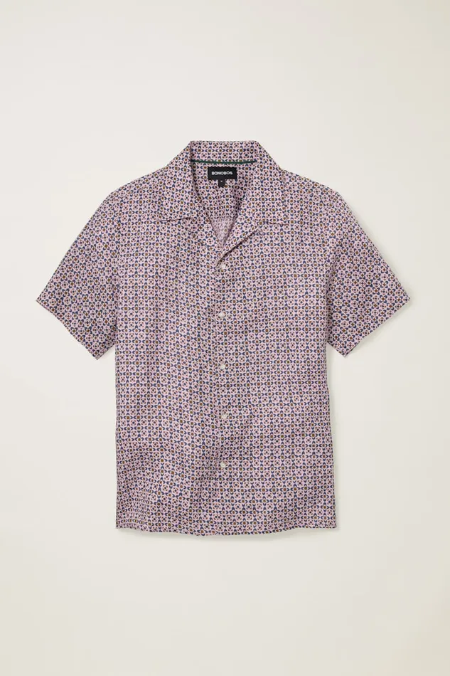 Men Bonobos Short Sleeve Shirts Linen Riviera Cabana Shirt For Men Navy Pink Prism Geo