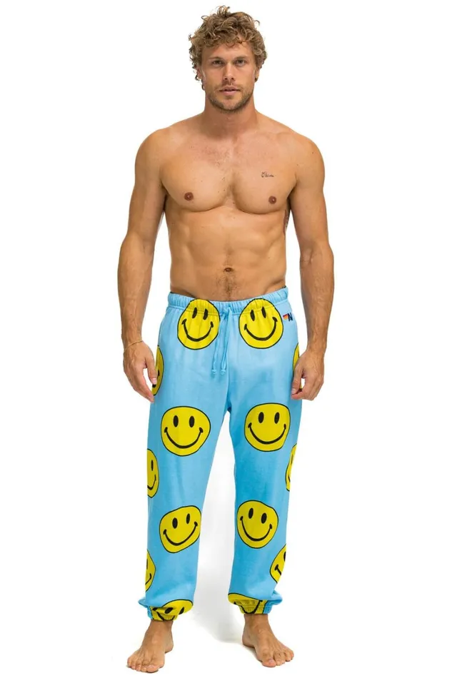 Men Bottoms Aviator Nation SMILEY REPEAT MENS SWEATPANTS 8211 SKY