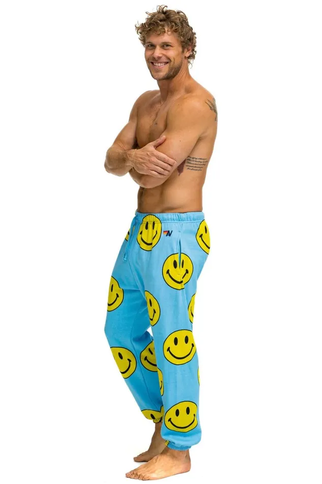 Men Bottoms Aviator Nation SMILEY REPEAT MENS SWEATPANTS 8211 SKY Men Bottoms Aviator Nation SMILEY REPEAT MENS SWEATPANTS 8211 SKY