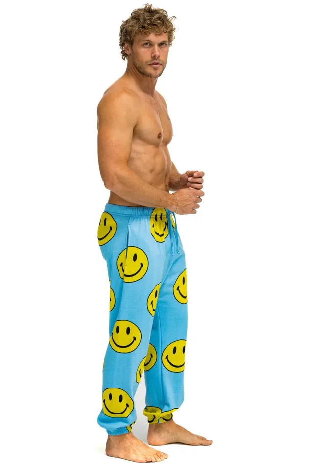 Men Bottoms Aviator Nation SMILEY REPEAT MENS SWEATPANTS 8211 SKY Men Bottoms Aviator Nation SMILEY REPEAT MENS SWEATPANTS 8211 SKY