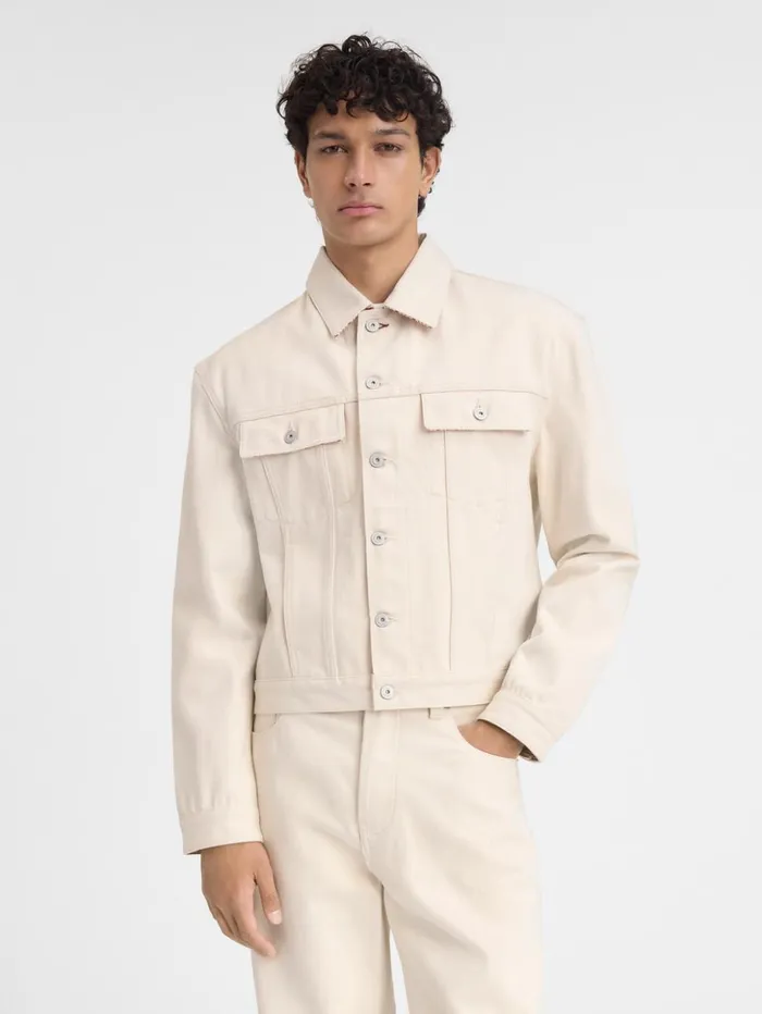 Men Denim JACQUEMUS The Denim DeNmes Jacket Offwhite Red Stripes Men Denim JACQUEMUS The Denim DeNmes Jacket Offwhite Red Stripes