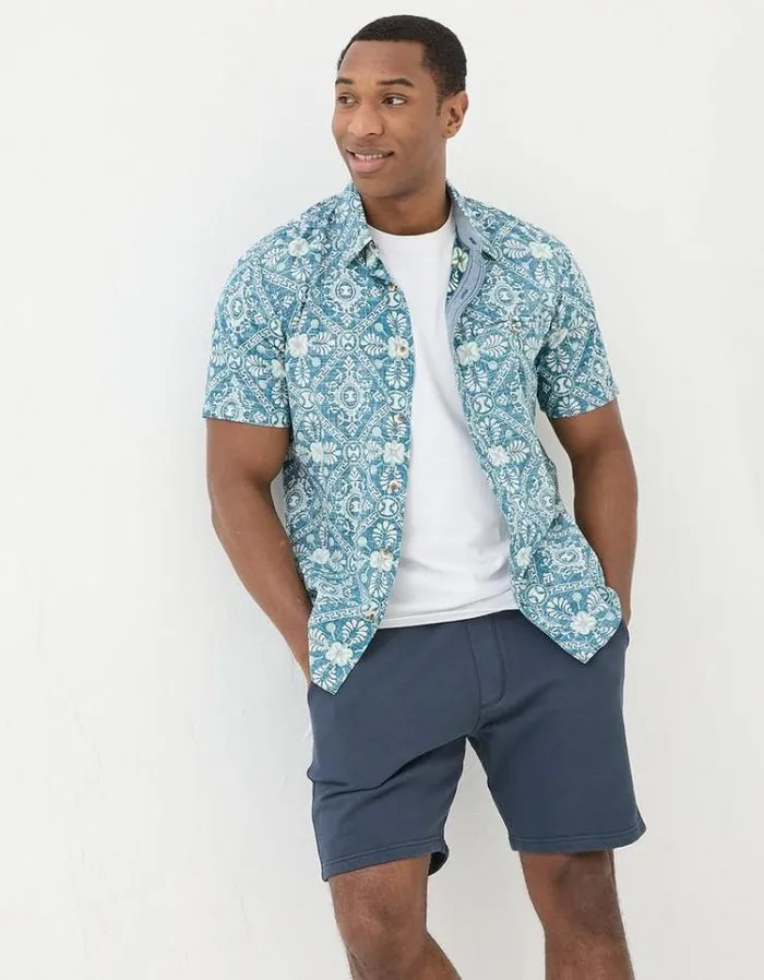 Men FatFace Shirts Exaggerated Tile Print Shirt Blue