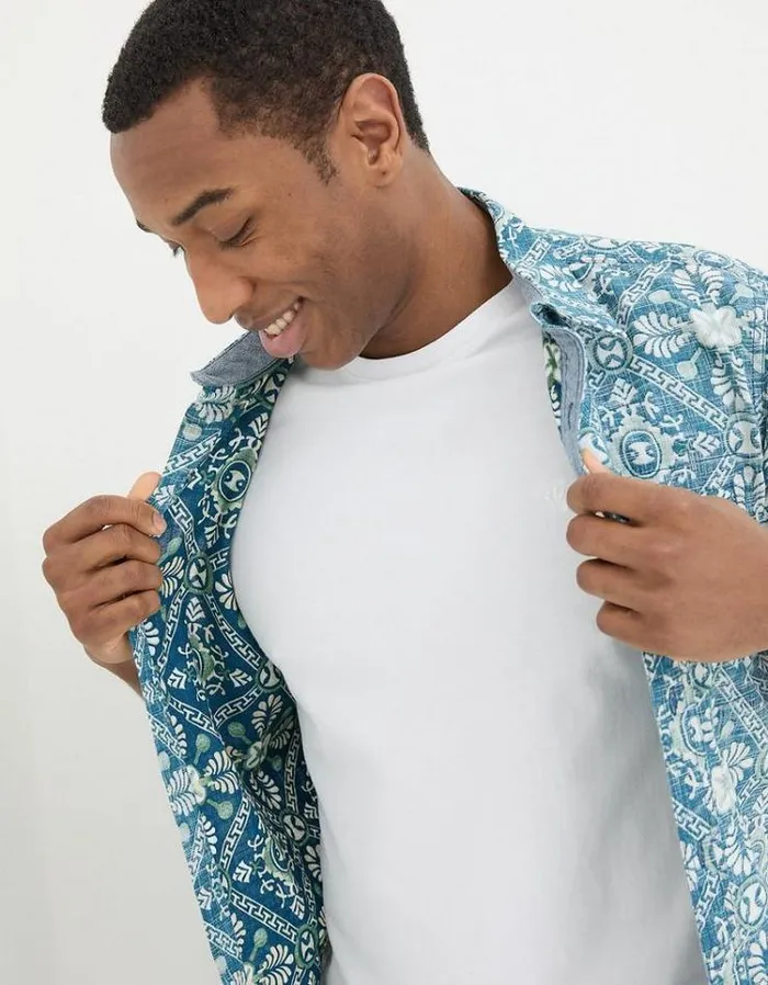 Men FatFace Shirts Exaggerated Tile Print Shirt Blue