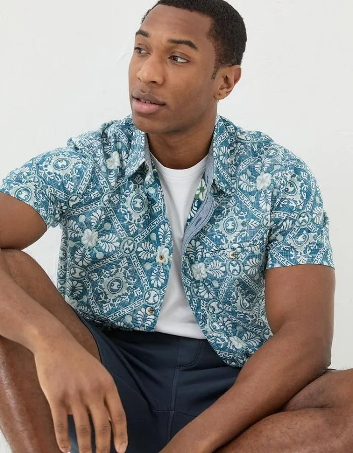 Men FatFace Shirts Exaggerated Tile Print Shirt Blue