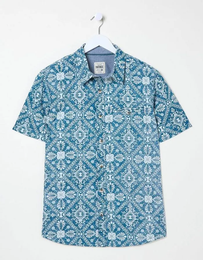 Men FatFace Shirts Exaggerated Tile Print Shirt Blue
