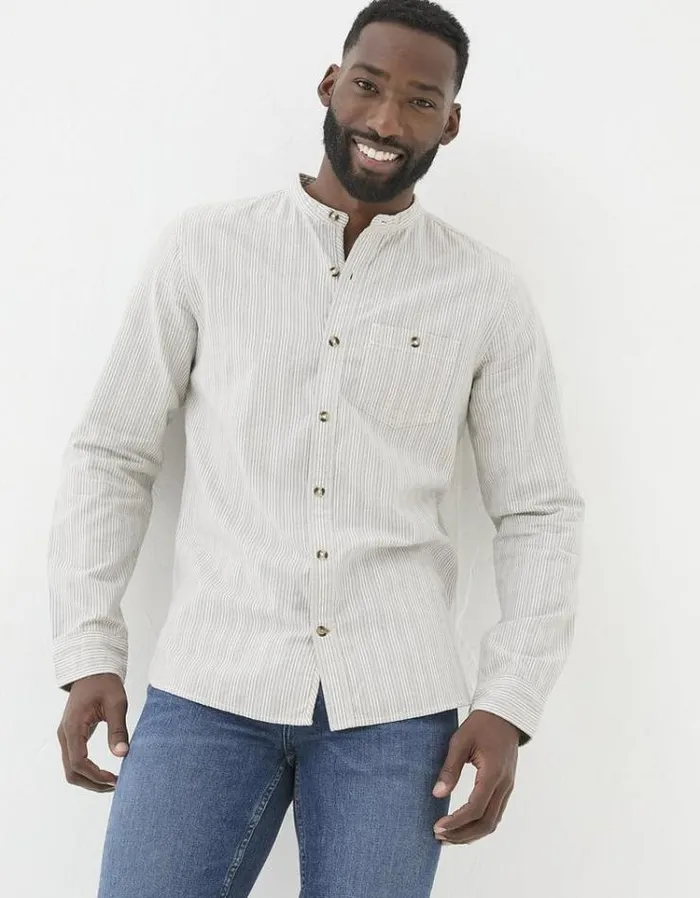 Men FatFace Shirts Long Sleeve Stripe Grandad Shirt Natural