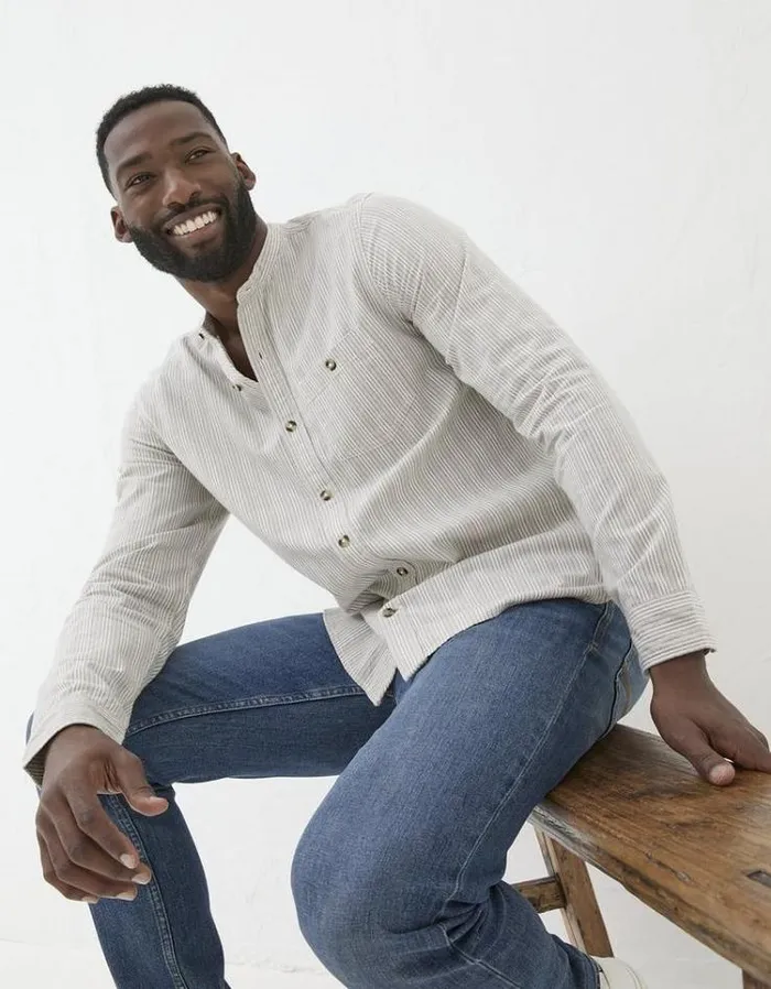 Men FatFace Shirts Long Sleeve Stripe Grandad Shirt Natural
