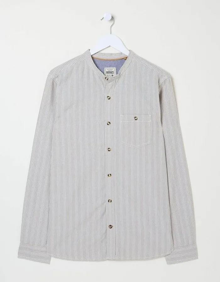 Men FatFace Shirts Long Sleeve Stripe Grandad Shirt Natural