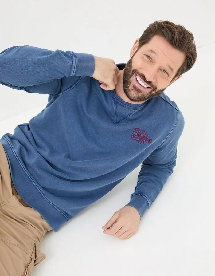 Men FatFace Sweatshirts and Hoodies Petersfield Lobster Crew Sweatshirt Washed Blue