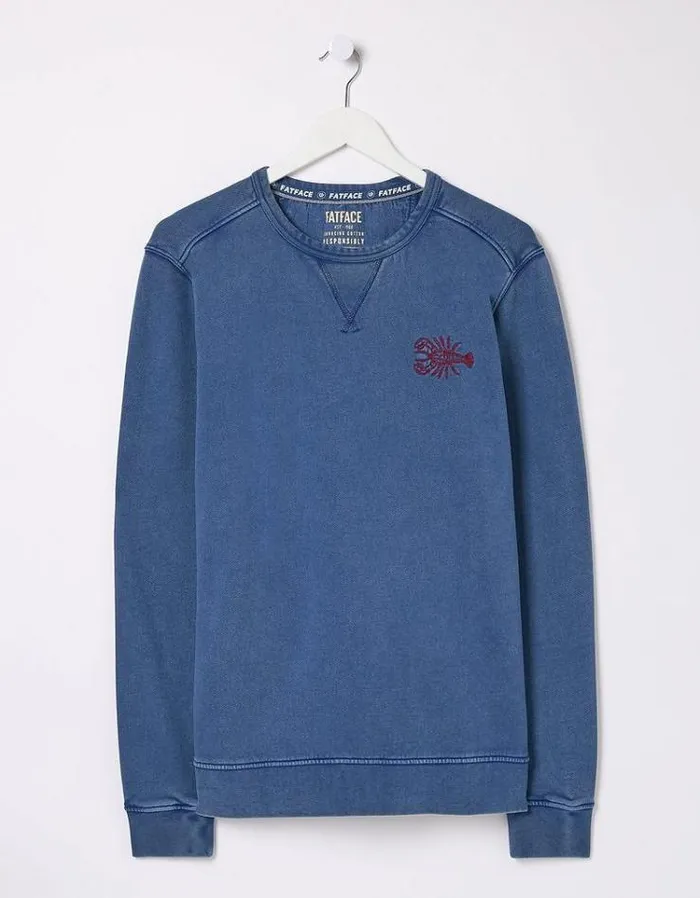 Men FatFace Sweatshirts and Hoodies Petersfield Lobster Crew Sweatshirt Washed Blue