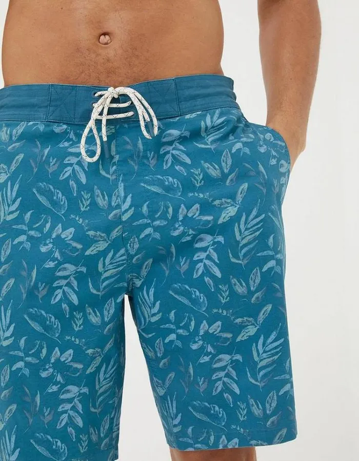 Men FatFace Swimwear Camber Leaf Print Swim Shorts Dark Teal Green
