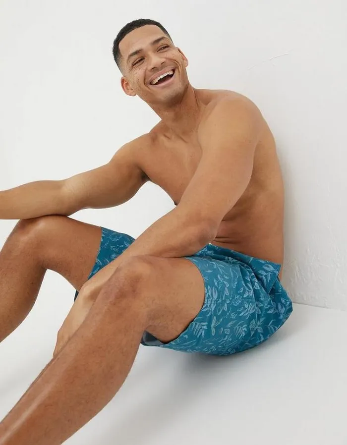 Men FatFace Swimwear Camber Leaf Print Swim Shorts Dark Teal Green