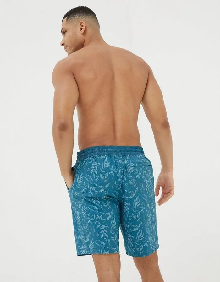 Men FatFace Swimwear Camber Leaf Print Swim Shorts Dark Teal Green