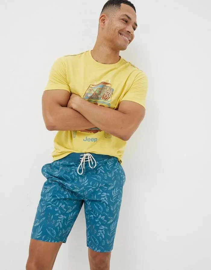 Men FatFace Swimwear Camber Leaf Print Swim Shorts Dark Teal Green