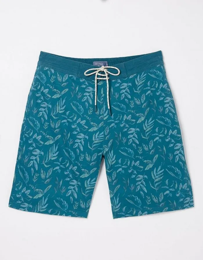 Men FatFace Swimwear Camber Leaf Print Swim Shorts Dark Teal Green