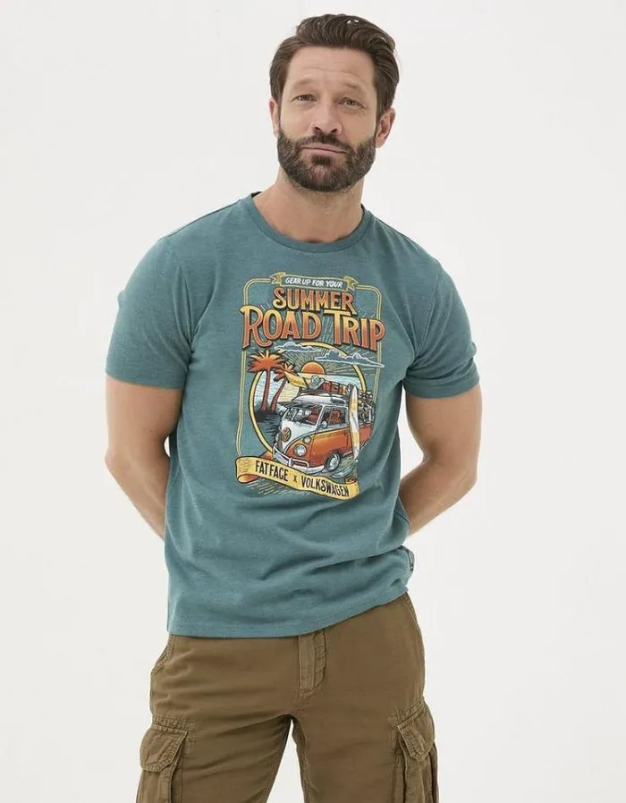 Men FatFace TShirts VW Summer Road Trip Teal Green