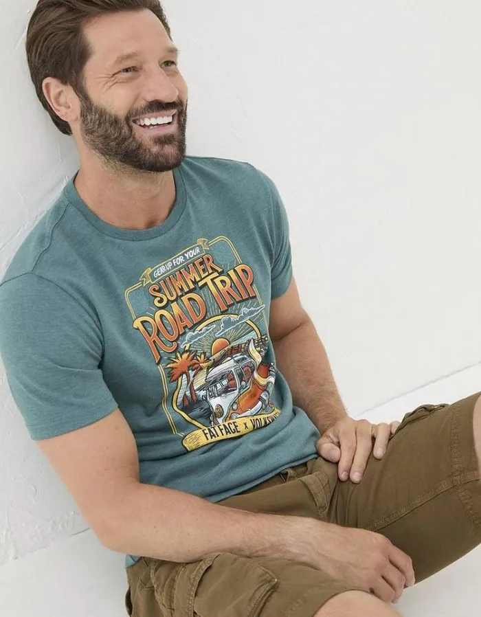 Men FatFace TShirts VW Summer Road Trip Teal Green